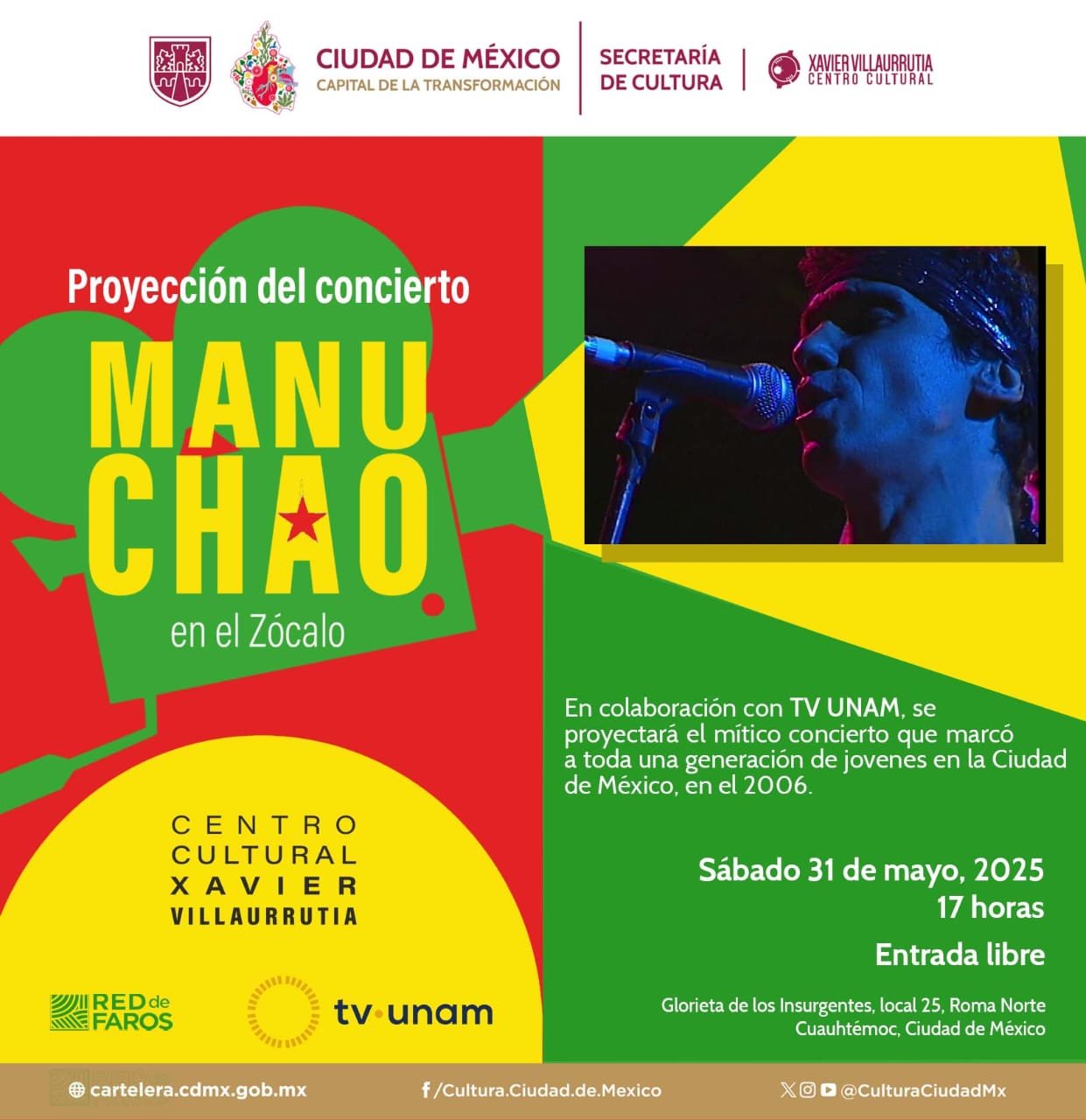 El Centro Cultural Xavier Villaurrutia revive una noche legendaria: proyectará el histórico concierto de Manu Chao en el Zócalo 2006